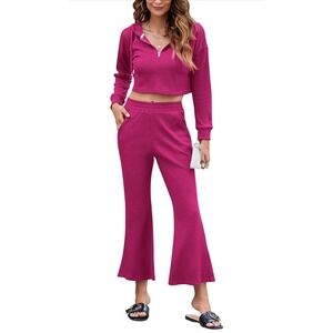 Vintage Modern Fixmatti 2 Piece Waffle Knit Crop Hoodie Flared Pants Red L